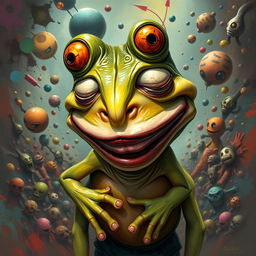 A grotesque caricature of a humanoid frog, inspired by the Pepe the Frog meme, depicted with exaggerated features like bulging eyes and an awkward smile