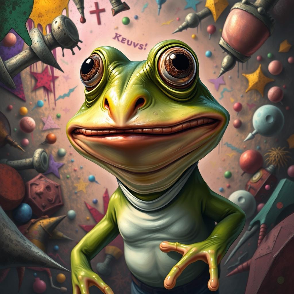 A grotesque caricature of a humanoid frog, inspired by the Pepe the Frog meme, depicted with exaggerated features like bulging eyes and an awkward smile