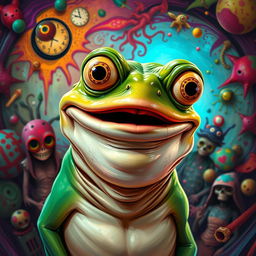 A grotesque caricature of a humanoid frog, inspired by the Pepe the Frog meme, depicted with exaggerated features like bulging eyes and an awkward smile