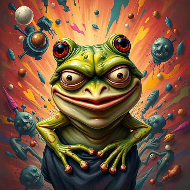 A grotesque caricature of a humanoid frog, inspired by the Pepe the Frog meme, depicted with exaggerated features like bulging eyes and an awkward smile