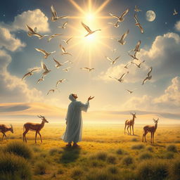 A serene and divine scene depicting a mystical setting where a figure (the caller) performs a miraculous act of summoning birds from the sky
