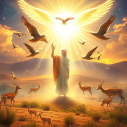 A serene and divine scene depicting a mystical setting where a figure (the caller) performs a miraculous act of summoning birds from the sky