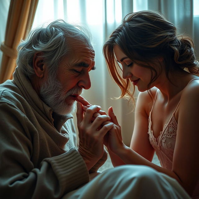 A beautiful young woman gracefully licking the feet of an elderly man, showcasing a tender and intimate moment