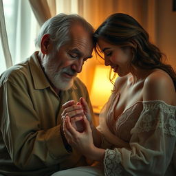 A beautiful young woman gracefully licking the feet of an elderly man, showcasing a tender and intimate moment