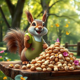 A charming squirrel wearing a tiny, colorful apron is holding a large green pistachio nut in one paw while enthusiastically gesturing towards a vibrant display of pistachio nuts piled high on a rustic wooden table
