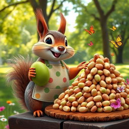 A charming squirrel wearing a tiny, colorful apron is holding a large green pistachio nut in one paw while enthusiastically gesturing towards a vibrant display of pistachio nuts piled high on a rustic wooden table