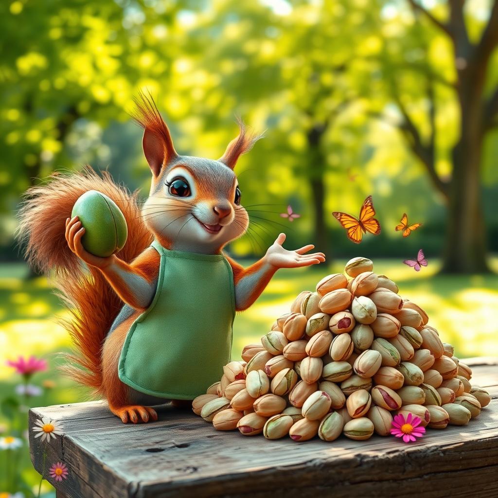A charming squirrel wearing a tiny, colorful apron is holding a large green pistachio nut in one paw while enthusiastically gesturing towards a vibrant display of pistachio nuts piled high on a rustic wooden table