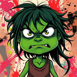 A stylized depiction of an angry girl with green skin inspired by the Pepe the Frog meme
