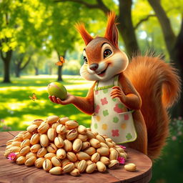 A charming squirrel wearing a tiny, colorful apron is holding a large green pistachio nut in one paw while enthusiastically gesturing towards a vibrant display of pistachio nuts piled high on a rustic wooden table