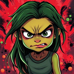 A stylized depiction of an angry girl with green skin inspired by the Pepe the Frog meme