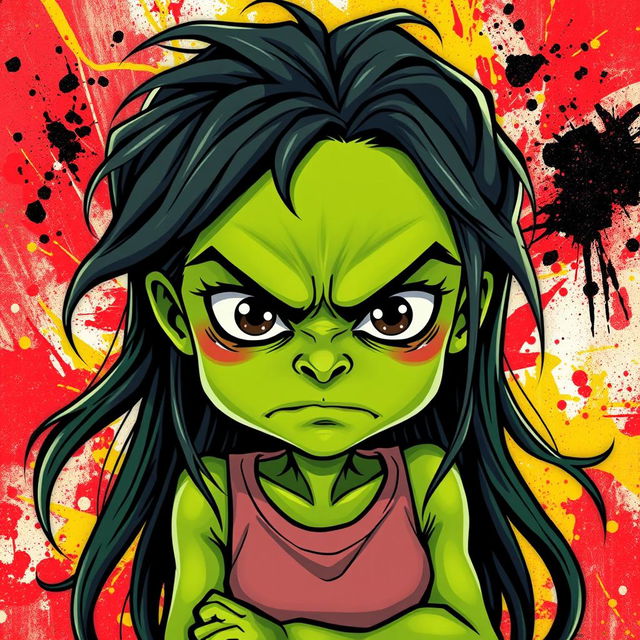 A stylized depiction of an angry girl with green skin inspired by the Pepe the Frog meme