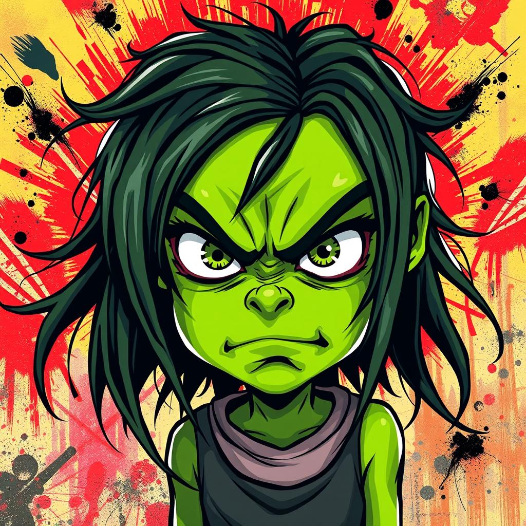 A stylized depiction of an angry girl with green skin inspired by the Pepe the Frog meme