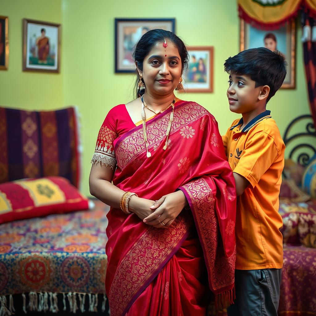 An Indian woman wearing a beautiful, ornate sari while standing in a colorful bedroom