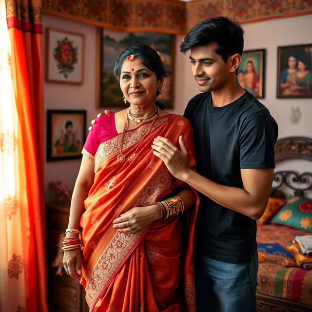 An Indian woman wearing a beautiful, ornate sari while standing in a colorful bedroom