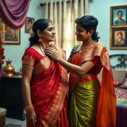 An Indian woman wearing a beautiful, ornate sari while standing in a colorful bedroom