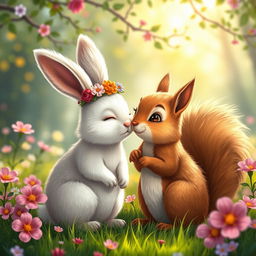 An adorable scene depicting a kiss between a female rabbit and a male squirrel in a lush, vibrant forest