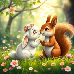 An adorable scene depicting a kiss between a female rabbit and a male squirrel in a lush, vibrant forest