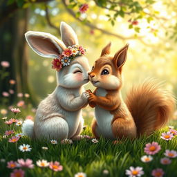 An adorable scene depicting a kiss between a female rabbit and a male squirrel in a lush, vibrant forest