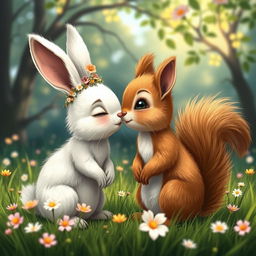 An adorable scene depicting a kiss between a female rabbit and a male squirrel in a lush, vibrant forest