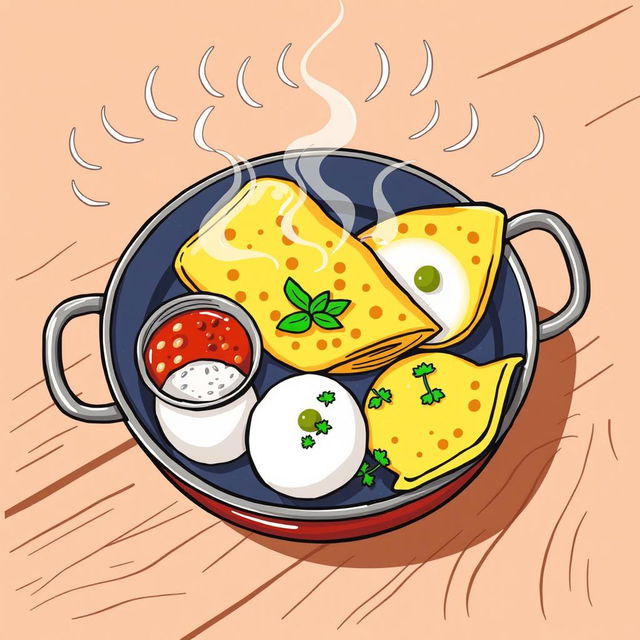 A vibrant doodle drawing style illustration of South Indian food sizzling in a traditional pan