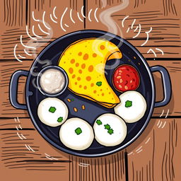 A vibrant doodle drawing style illustration of South Indian food sizzling in a traditional pan