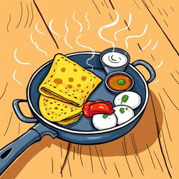 A vibrant doodle drawing style illustration of South Indian food sizzling in a traditional pan