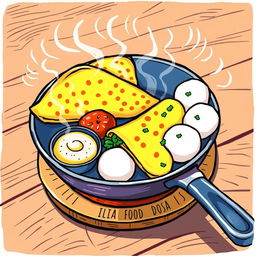 A vibrant doodle drawing style illustration of South Indian food sizzling in a traditional pan