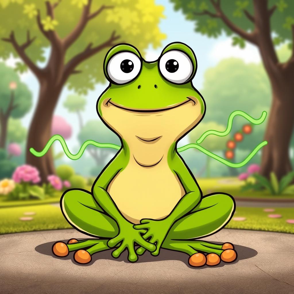 A humorous cartoon depiction of Pepe the Frog, with a comical expression, exaggerated eyes, and a large smile