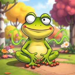 A humorous cartoon depiction of Pepe the Frog, with a comical expression, exaggerated eyes, and a large smile