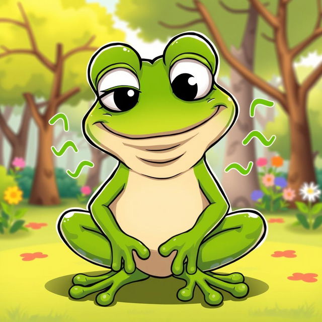 A humorous cartoon depiction of Pepe the Frog, with a comical expression, exaggerated eyes, and a large smile