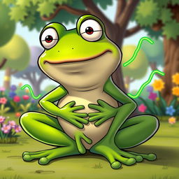 A humorous cartoon depiction of Pepe the Frog, with a comical expression, exaggerated eyes, and a large smile