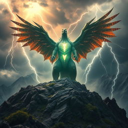 A hybrid Godzilla with enormous, majestic eagle wings stands triumphantly on a rugged mountain peak
