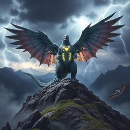 A hybrid Godzilla with enormous, majestic eagle wings stands triumphantly on a rugged mountain peak