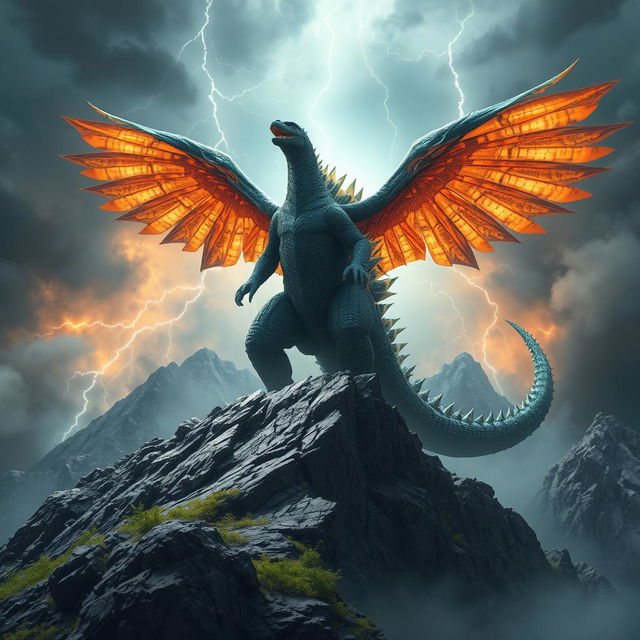 A hybrid Godzilla with enormous, majestic eagle wings stands triumphantly on a rugged mountain peak