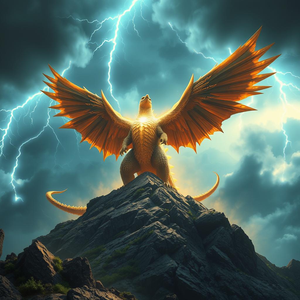 A hybrid Godzilla with enormous, majestic eagle wings stands triumphantly on a rugged mountain peak