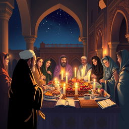 A serene and spiritually uplifting scene depicting an Iranian Yada night celebration, capturing the essence of community and religious devotion
