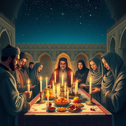 A serene and spiritually uplifting scene depicting an Iranian Yada night celebration, capturing the essence of community and religious devotion