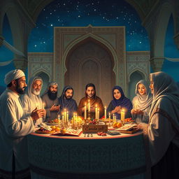 A serene and spiritually uplifting scene depicting an Iranian Yada night celebration, capturing the essence of community and religious devotion