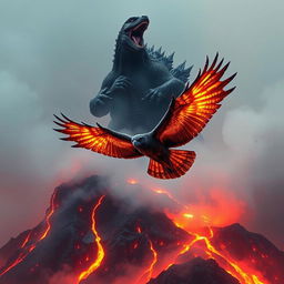 Godzilla roars atop a smoking volcano, showcasing its powerful stature against the backdrop of a fiery landscape
