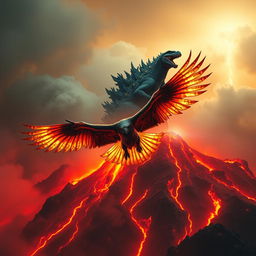 Godzilla roars atop a smoking volcano, showcasing its powerful stature against the backdrop of a fiery landscape