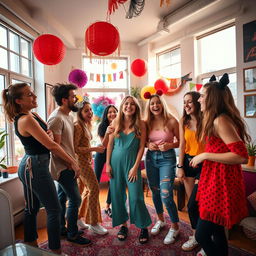 A group of stylish young teenagers inside a trendy urban apartment, playfully preparing for a costume party