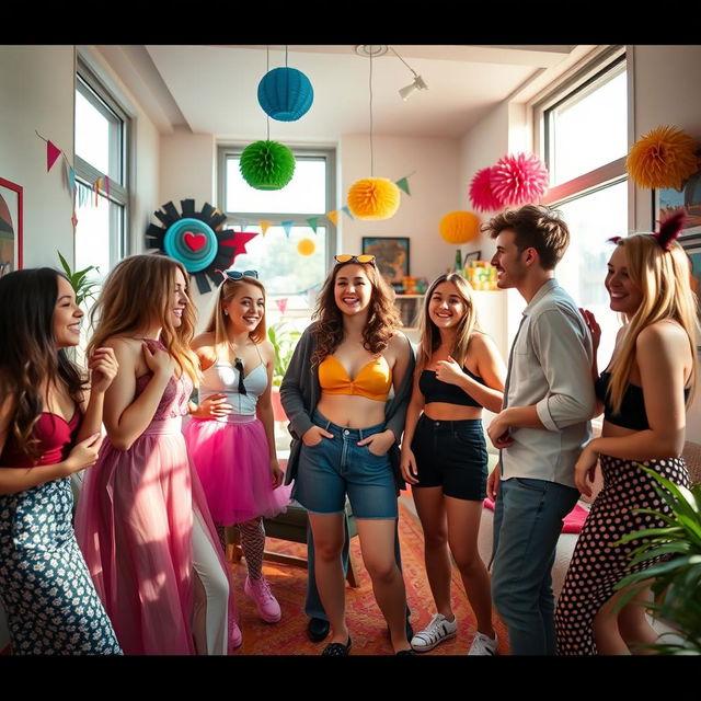 A group of stylish young teenagers inside a trendy urban apartment, playfully preparing for a costume party