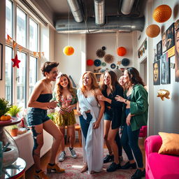 A group of stylish young teenagers inside a trendy urban apartment, playfully preparing for a costume party