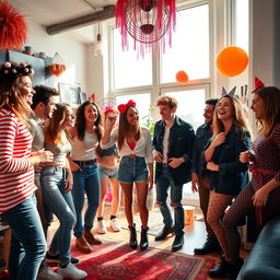 A group of stylish young teenagers inside a trendy urban apartment, playfully preparing for a costume party