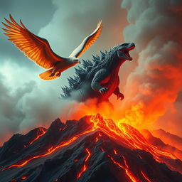 Godzilla roars atop a smoking volcano, majestically displaying its imposing form against a backdrop of a fiery landscape