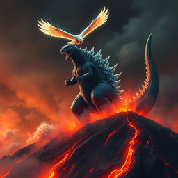 Godzilla roars atop a smoking volcano, majestically displaying its imposing form against a backdrop of a fiery landscape