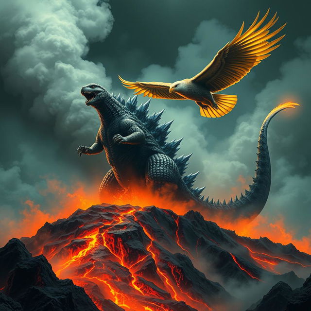 Godzilla roars atop a smoking volcano, majestically displaying its imposing form against a backdrop of a fiery landscape