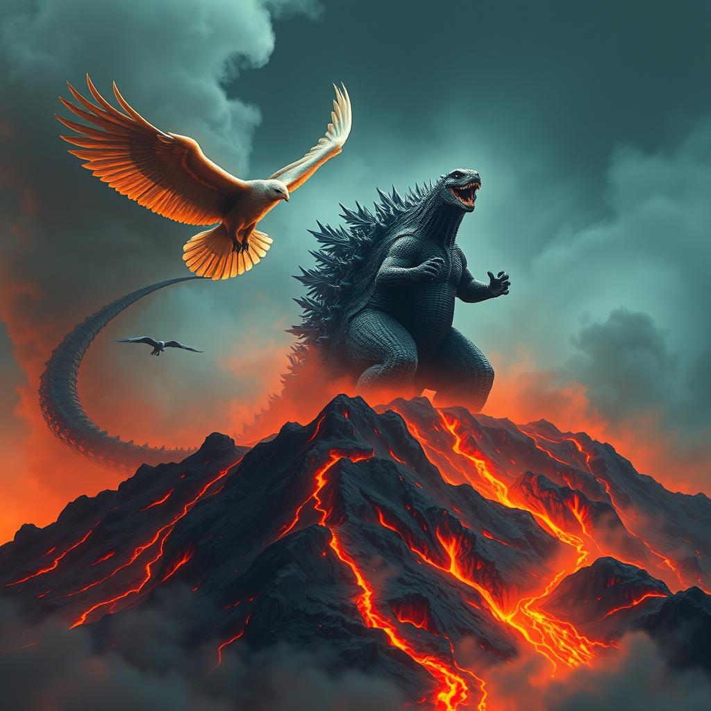 Godzilla roars atop a smoking volcano, majestically displaying its imposing form against a backdrop of a fiery landscape