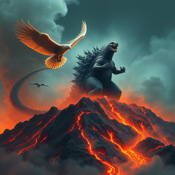 Godzilla roars atop a smoking volcano, majestically displaying its imposing form against a backdrop of a fiery landscape