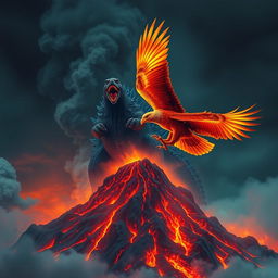 Godzilla roars atop a towering, smoking volcano, its fierce expression highlighted against a backdrop of an intense, fiery landscape